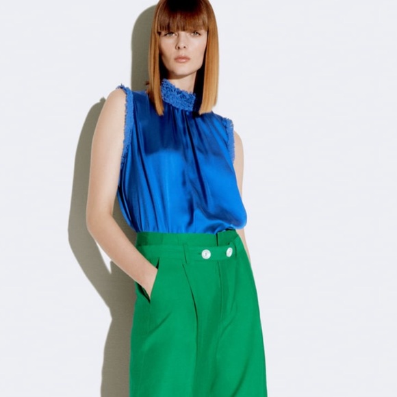 Zara Tops Zara Cobalt Blue High Collar Satin Effect Sleeveless
